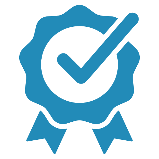 Blue checkmark badge with ribbon icon.