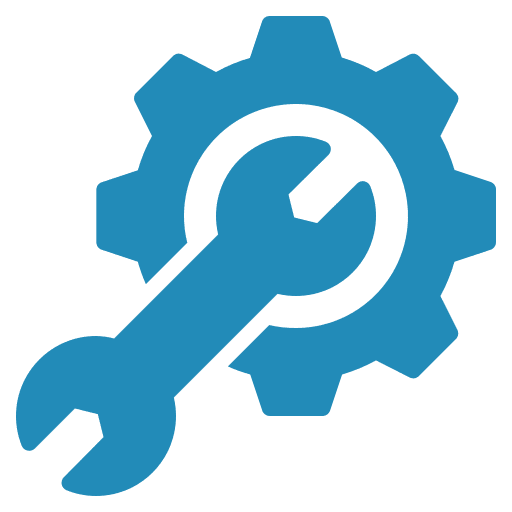 Blue wrench and gear icon on black.